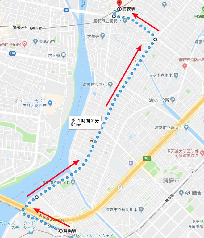 舞浜駅から浦安駅まで歩いていく方法